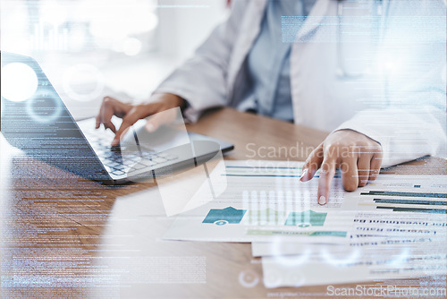 Image of Doctor, laptop overlay or hands for online medical research data, email or healthcare medicine report. Science nurse, analytics or documents on tech for fintech, hospital schedule or surgery agenda