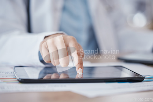 Image of Search, doctor woman or hand on tablet for internet medical research data, email or healthcare medicine report. Science, finger or networking tech for hospital schedule, surgery agenda or compliance