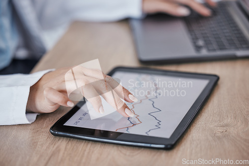 Image of Tablet, charts or zoom of hand for investment schedule, calendar or stock market trading management. Finance worker or mobile networking technology in budget planning cryptocurrency software app