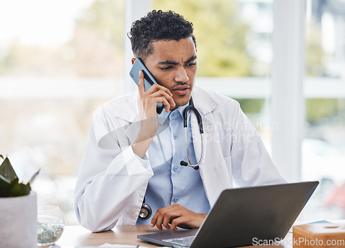 Image of Phone call, office or confused doctor man in hospital for communication, financial healthcare advice or insurance. Question, finance or medical employee on smartphone for compliance, policy or trust