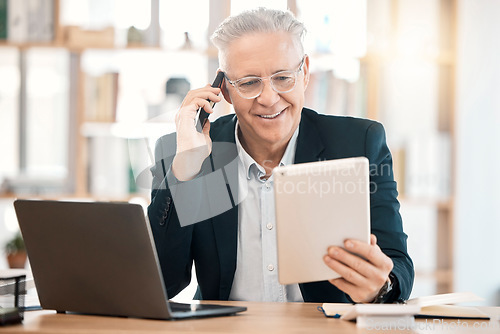 Image of Laptop, phone call and senior businessman with tablet working online, reading email and internet research. Digital tech, communication and ceo on smartphone for network, conversation and talking