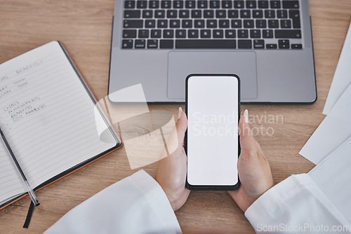 Image of Green screen, data analysis or doctors hands with phone for medical research, medicine or healthcare data analysis review. Nurse, wellness or worker on tech for insurance news or science mockup space