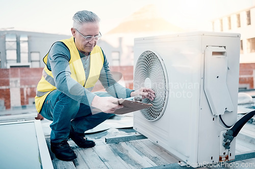 Image of Engineer on rooftop, air conditioning and technician with clipboard, maintenance or repair machine. Male, worker or handyman with document, checklist or confirm working fan hvac for quality assurance