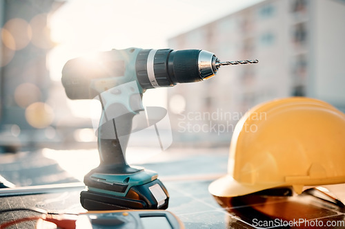 Image of Solar panel maintenance, tools and city with helmet, sunshine or renewable energy vision by blurred background Photovoltaic technology goals, sustainability or eco friendly electricity tech by drill