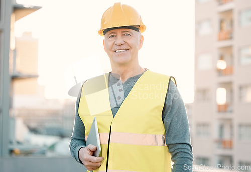 Image of Construction, tablet and portrait of old man in city with vision, planning and ideas for property development. Engineering, architecture and face of builder, maintenance worker and contractor smile