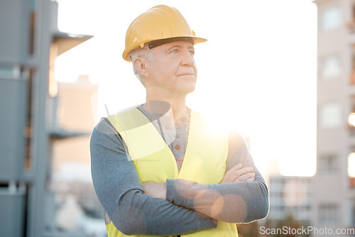 Image of Construction worker, old man thinking and architecture vision with building industry and leader outdoor. Property development, renovation with helmet for safety and contractor at site with ideas