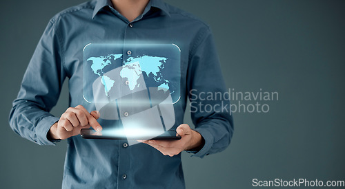 Image of Globe, networking and tablet with hands of businessman for augmented reality, technology or cyber mockup. Future, database or communication with employee and map hologram for digital transformation