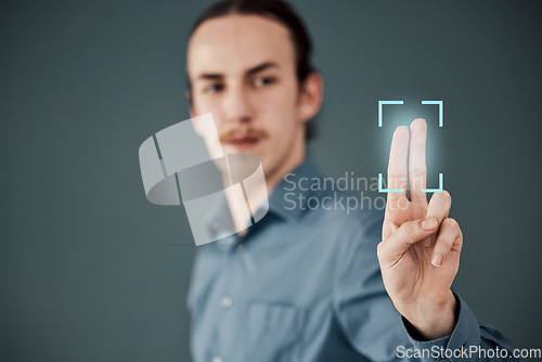 Image of Password, security and fingerprint scan with businessman for future, data and safety mockup. Technology, innovation and digital transformation with employee and biometric hologram for identification