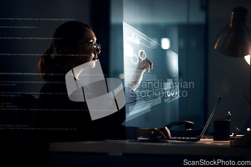 Image of Futuristic, hologram and laptop with business woman at night for software, augmented reality and digital transformation. Developer, 3d and overlay with employee for technology and cloud computing