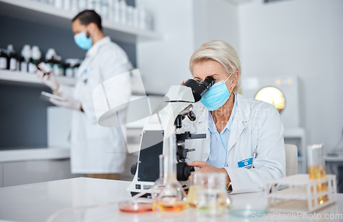 Image of Microscope, face mask and science woman for medical analysis, virus or bacteria research in laboratory. Covid vaccine, pharmaceutical and biotechnology people, professional expert or scientist