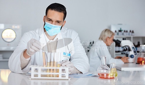 Image of Scientist man, test tube and laboratory for covid 19 research for goal with mask at pharma company. Science team, data analytics and biotech with ppe, vision and medical study with microscope in lab