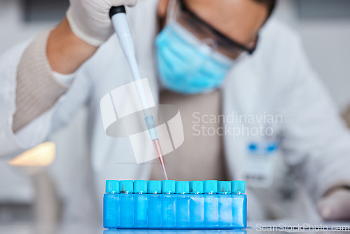 Image of Sample, pipette and science research by scientist in a laboratory or lab for analytics of covid virus vaccine. Professional, technician and expert with phd for medical development or innovation