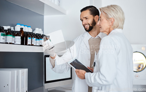 Image of Science, medicine and people in laboratory with tablet for vaccine results, medical report and research. Pharmaceutical, health and scientists team reading label for data analysis, lab test and study