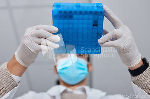 Image of Science, research and hands with a liquid container for medical innovation and vaccine analysis. Healthcare, lab and scientist holding vials for a dna test, pharmaceutical investigation and exam