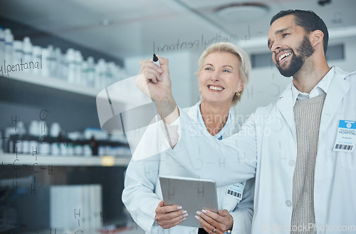 Image of Science, collaboration and woman with man brainstorming, writing on glass wall in lab with innovation and analytics. Scientist in laboratory, medical research ideas with vision in future vaccine data