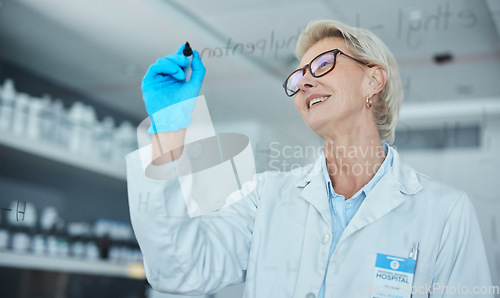 Image of Science, woman brainstorming and writing on glass in lab, innovation, formula and analytics. Happy scientist in laboratory with research ideas, planning and strategy with vision in future vaccine.