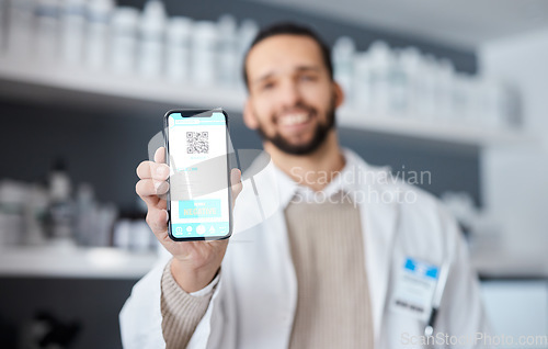 Image of Screen, phone and science man with test results, QR code and drugs, virus or medical research in laboratory. Smartphone, mobile app ux and negative feedback of online scientist or doctor data review