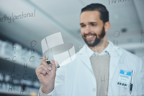 Image of Science, medical research and man writing on glass in lab, innovation, formula and analytics. Happy scientist in laboratory with ideas, planning and strategy in future vaccine manufacturing data.