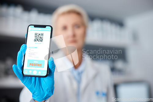 Image of QR code, monkeypox and doctor with a phone for results, positive barcode and healthcare email. Virus, sick and hands of a medical worker holding a mobile with information about an illness on a screen