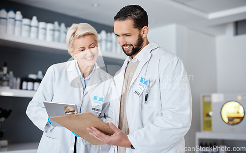 Image of Science, research and team with clipboard and tablet in laboratory for analytics, medical report and checklist. Pharmacy, healthcare and scientists write notes for data analysis, results and study