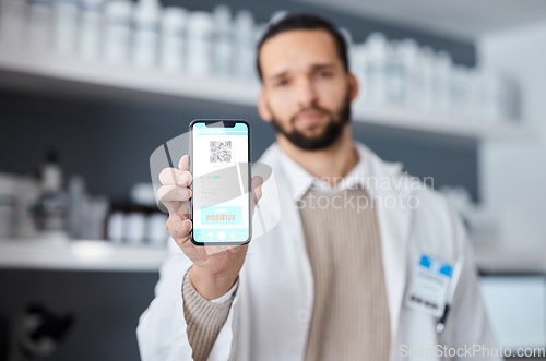 Image of Phone, QR code and doctor man with science test, drugs results or medical virus, research report in laboratory. Smartphone, mobile app ux and positive feedback, online scientist or person data screen