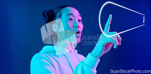 Image of Futuristic, search engine or woman in metaverse on purple background for research on neon digital overlay. Wow, virtual reality user or Asian fantasy person typing on 3d ai website for data in studio