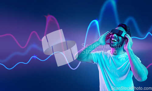 Image of Future, sound wave or happy man in metaverse on purple background gaming, cyber or scifi on digital overlay. Neon, virtual reality or fantasy gamer person in fun futuristic 3d vr experience in studio