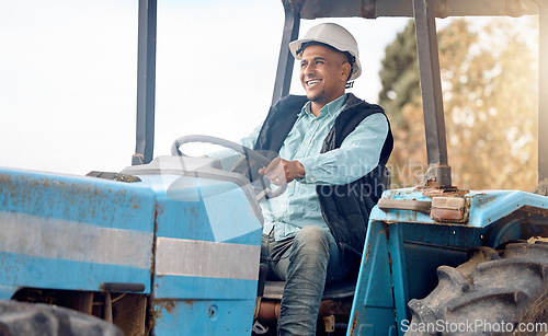 Image of Tractor, man and farmer on field for agriculture, countryside or sustainability in nature. Happy farming worker driving machine truck, transport and sustainable ecology with happiness of land harvest