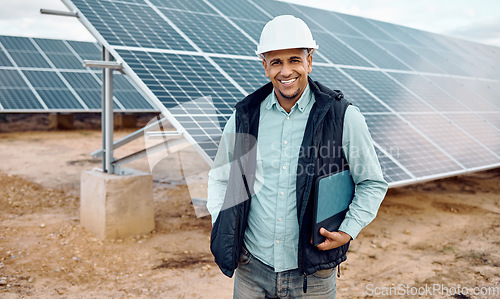 Image of Solar environment, man and portrait of engineering industry. Happy technician, manager and renewable energy of building, future innovation and architecture of electricity, sustainability and sun grid