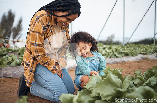 Image of Agriculture, farm and mother with girl in greenhouse garden to check growth of plants. Black family, agro learning and care of mom laughing with kid on field for harvest, farming or sustainability