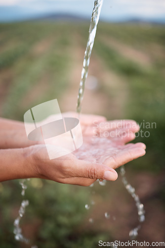 Image of Hands, splash and washing or cleaning with water, hydration and freshness for sustainability outdoors on a farm. Person, ecology and aqua to prevent germs or bacteria for care, wellness and health