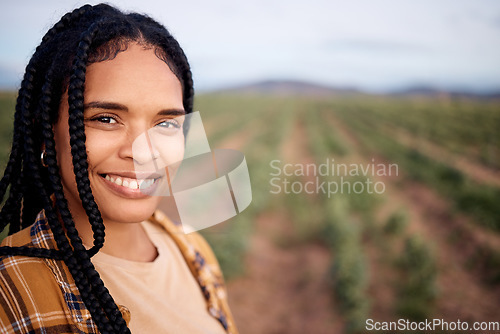 Image of Face, smile and black woman farmer on farm for sustainable farming or growing plants. Agro portrait, agriculture business and happy female entrepreneur from South Africa in garden with mockup space.