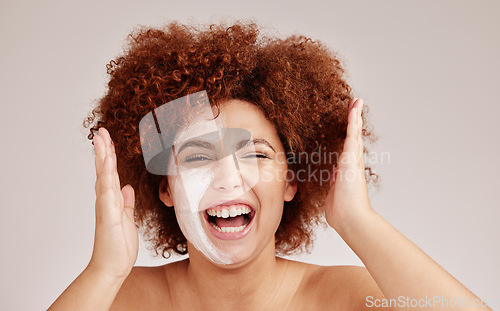 Image of Facial mask, cream and black woman isolated on a white background of cosmetics, beauty and skincare. Crazy, fun and excited USA model in studio for dermatology results, collagen test and face product