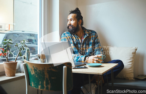 Image of Man, laptop and coffee shop window for remote work, wifi and creative thinking working online. Entrepreneur person think of inspiration or idea at table for social media, networking and planning