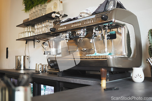 Image of Closeup cafe, coffee and machine equipment in small business, beverage shop or retail. Backgrounds of barista services, drinks machinery and restaurant store of premium espresso, cappuccino and latte