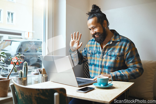 Image of Cafe, wave or man on laptop video call planning SEO networking, conference or B2B sale. Small business or remote work employee on tech communication, social network strategy or research in restaurant