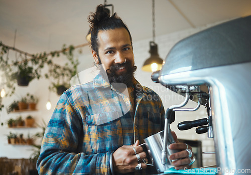 Image of Portrait, man and barista with machine, smile and confidence with small business, worker and skills. Face, Indian male employee and entrepreneur making coffee, cafeteria and manager for restaurant