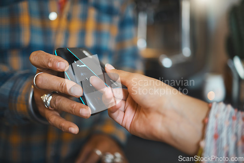 Image of Credit card, cafe payment or hands of man, store cashier or coffee shop waiter on sale machine. B2B ecommerce shopping service, finance or customer with fintech purchase in retail restaurant business