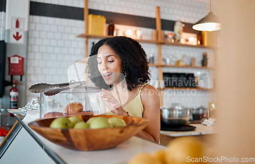 Image of Croissant, cafe and black woman or customer with food choice for morning breakfast or lunch. Wow, happy and person at a small business startup in USA New York for bread, services or bakery industry