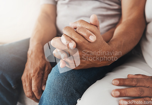 Image of Senior, love and couple holding hands for support, prayer or empathy, trust or affection. Valentines day, romance and elderly man and woman together for respect, worship or praying for hope and peace