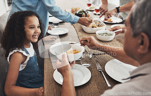 Image of Food, family and grandfather with child for holiday celebration, Christmas and nutrition. Happy kid with senior man or person with lunch help, love and care in Mexico home and dining room