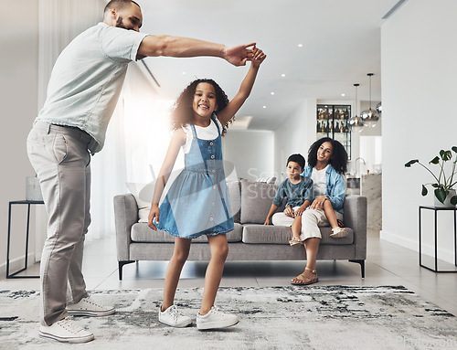 Image of Happy family, dance and music in a living room by girl and father playing, bonding and happy in their home. Kids, parents and dancing game in a lounge on a weekend, cheerful and happiness together
