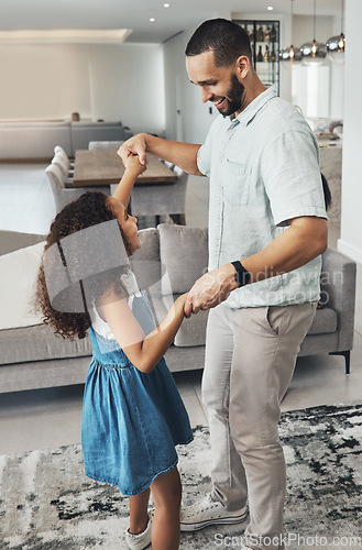Image of Music, love and father dance with girl in living room for playing, bonding and having fun in their home. Podcast, happy family and man with daughter in lounge for dancing, happy and smile on weekend