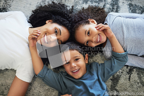 Image of Family, mom and children relax together at home, love and care in portrait with motherhood and happiness. Freedom, happy people and bonding, black woman and kids smile with childhood top view