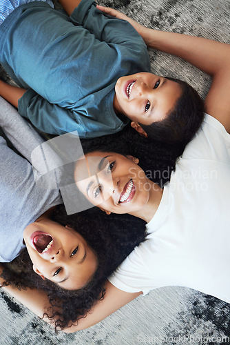 Image of Top view, family and portrait of mother with kids in home, having fun and laughing at funny joke. Love, care and happy mama with girl, boy or children, bonding and enjoying quality time together.