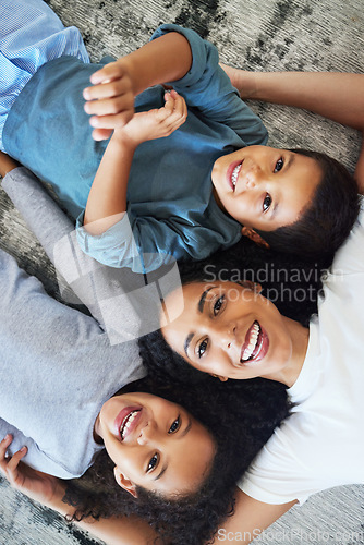 Image of Family, mother and children relax together at home, love and care in portrait with motherhood and happiness. Freedom, happy people and bonding, black woman and kids smile with childhood top view