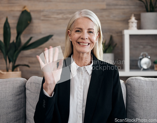 Image of Video call, portrait and psychologist woman wave hello for virtual consultation, mental health therapy or counseling. Senior psychology expert, professional person or employee in online communication