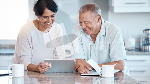 Image of Happy senior couple, tablet and debt research of elderly people in retirement looking at budget. Digital, finance data and marriage of a Indian woman and man planning for a life insurance policy