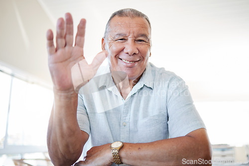 Image of Senior man, hand and portrait for video call to wave hello for communication with zoom connection. Smile and face of happy old person with emoji for greeting during virtual conversation or home chat