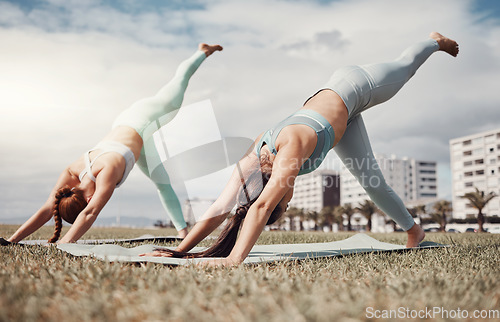 Image of Yoga, exercise and wellness with woman friends in the park together for mental health or fitness. Pilates, zen or downward dog with a female yogi and friend outside on a field for a summer workout